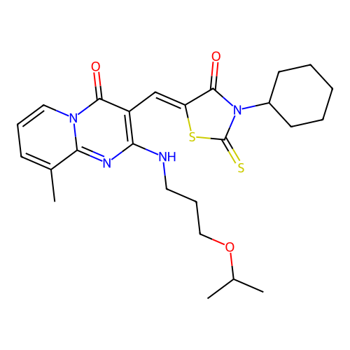 3-[(Z)-(3-cyclohexyl-4-oxo-2-thioxo-1,3-thiazolidin-5-ylidene)methyl]-9-methyl-2-{[3-(propan-2-yloxy)propyl]amino}-4H-pyrido[1,2-a]pyrimidin-4-one structure