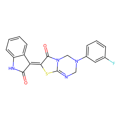 (Z)-3-(3-fluorophenyl)-7-(2-oxoindolin-3-ylidene)-3,4-dihydro-2H-thiazolo[3,2-a][1,3,5]triazin-6(7H)-one structure