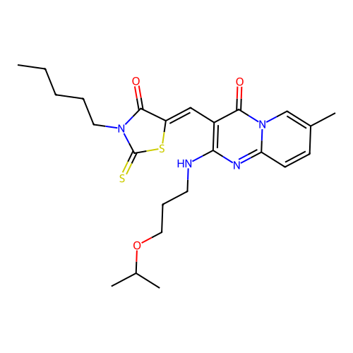 (Z)-5-((2-((3-isopropoxypropyl)amino)-7-methyl-4-oxo-4H-pyrido[1,2-a]pyrimidin-3-yl)methylene)-3-pentyl-2-thioxothiazolidin-4-one structure