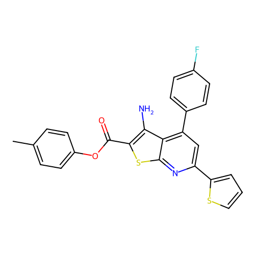 p-tolyl 3-amino-4-(4-fluorophenyl)-6-(thiophen-2-yl)thieno[2,3-b]pyridine-2-carboxylate structure