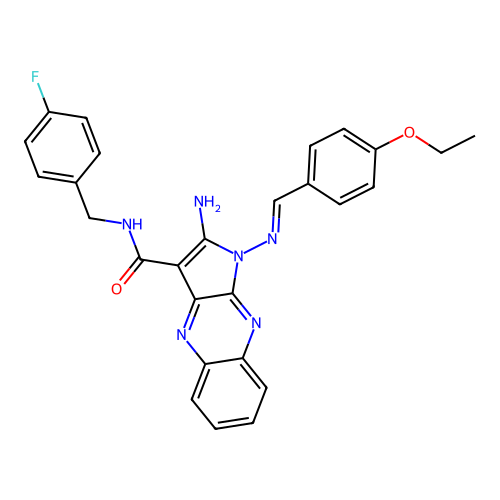 (E)-2-amino-1-((4-ethoxybenzylidene)amino)-N-(4-fluorobenzyl)-1H-pyrrolo[2,3-b]quinoxaline-3-carboxamide structure