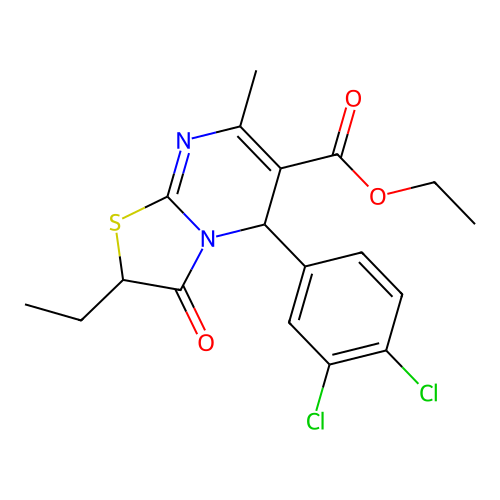 ethyl 5-(3,4-dichlorophenyl)-2-ethyl-7-methyl-3-oxo-2,3-dihydro-5H-[1,3]thiazolo[3,2-a]pyrimidine-6-carboxylate structure