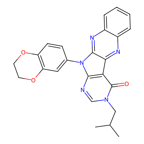 11-(2,3-dihydro-1,4-benzodioxin-6-yl)-3-(2-methylpropyl)-3,11-dihydro-4H-pyrimido[5',4':4,5]pyrrolo[2,3-b]quinoxalin-4-one structure