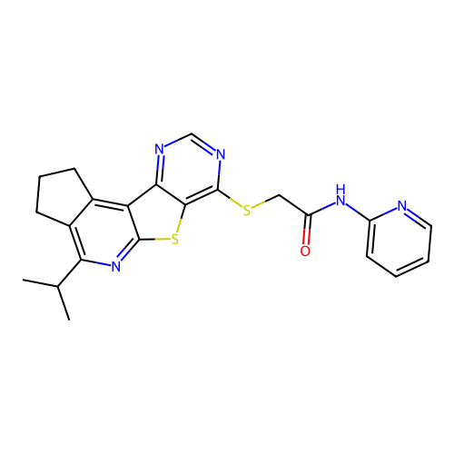 2-((4-isopropyl-2,3-dihydro-1H-cyclopenta[4',5']pyrido[3',2':4,5]thieno[3,2-d]pyrimidin-7-yl)thio)-N-(pyridin-2-yl)acetamide structure