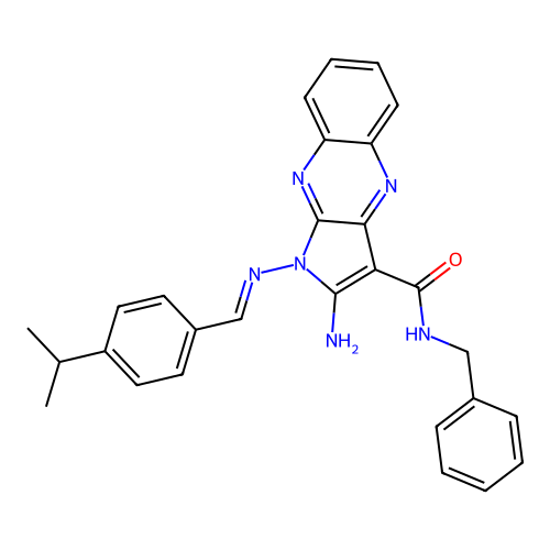 (E)-2-amino-N-benzyl-1-((4-isopropylbenzylidene)amino)-1H-pyrrolo[2,3-b]quinoxaline-3-carboxamide structure