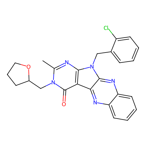 11-(2-chlorobenzyl)-2-methyl-3-((tetrahydrofuran-2-yl)methyl)-3H-pyrimido[5',4':4,5]pyrrolo[2,3-b]quinoxalin-4(11H)-one structure