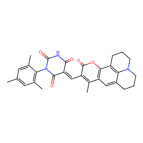 (E)-6-hydroxy-3-mesityl-5-((9-methyl-11-oxo-2,3,5,6,7,11-hexahydro-1H-pyrano[2,3-f]pyrido[3,2,1-ij]quinolin-10-yl)methylene)pyrimidine-2,4(3H,5H)-dione structure