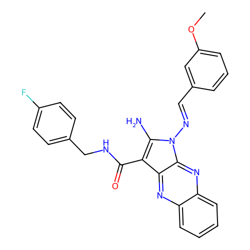 (E)-2-amino-N-(4-fluorobenzyl)-1-((3-methoxybenzylidene)amino)-1H-pyrrolo[2,3-b]quinoxaline-3-carboxamide structure