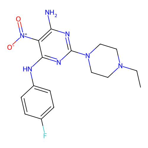 2-(4-ethylpiperazin-1-yl)-N4-(4-fluorophenyl)-5-nitropyrimidine-4,6-diamine structure