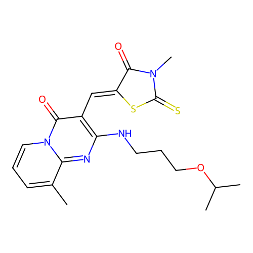 5-((Z)-1-{2-[(3-isopropoxypropyl)amino]-9-methyl-4-oxo-4H-pyrido[1,2-a]pyrimidin-3-yl}methylidene)-3-methyl-2-thioxo-1,3-thiazolan-4-one structure