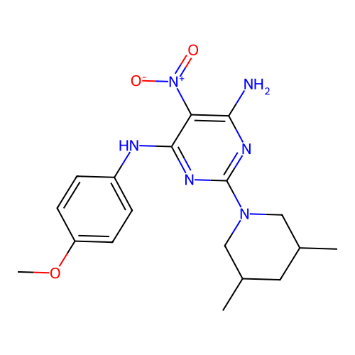 2-(3,5-dimethylpiperidin-1-yl)-N-(4-methoxyphenyl)-5-nitropyrimidine-4,6-diamine structure