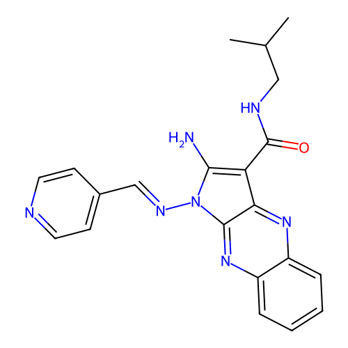 (E)-2-amino-N-isobutyl-1-((pyridin-4-ylmethylene)amino)-1H-pyrrolo[2,3-b]quinoxaline-3-carboxamide structure