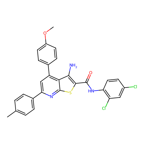 3-amino-N-(2,4-dichlorophenyl)-4-(4-methoxyphenyl)-6-(4-methylphenyl)thieno[2,3-b]pyridine-2-carboxamide structure