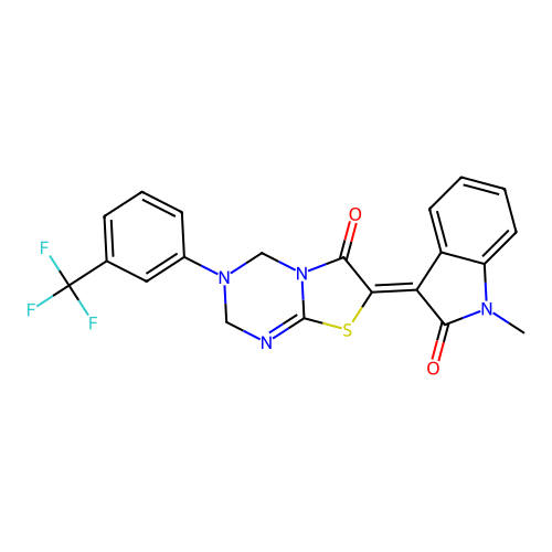 (7Z)-7-(1-methyl-2-oxo-1,2-dihydro-3H-indol-3-ylidene)-3-[3-(trifluoromethyl)phenyl]-3,4-dihydro-2H-[1,3]thiazolo[3,2-a][1,3,5]triazin-6(7H)-one structure