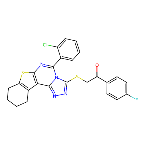 2-((5-(2-chlorophenyl)-8,9,10,11-tetrahydrobenzo[4,5]thieno[3,2-e][1,2,4]triazolo[4,3-c]pyrimidin-3-yl)thio)-1-(4-fluorophenyl)ethanone structure