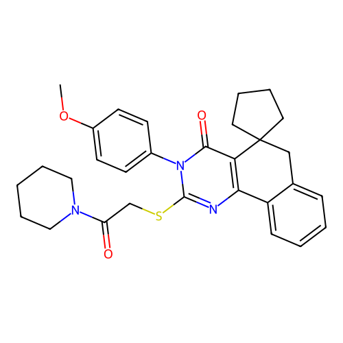 3-(4-methoxyphenyl)-2-((2-oxo-2-(piperidin-1-yl)ethyl)thio)-3H-spiro[benzo[h]quinazoline-5,1'-cyclopentan]-4(6H)-one structure
