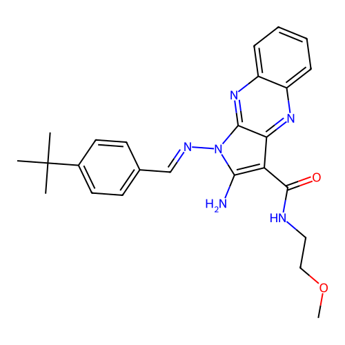 (E)-2-amino-1-((4-(tert-butyl)benzylidene)amino)-N-(2-methoxyethyl)-1H-pyrrolo[2,3-b]quinoxaline-3-carboxamide structure