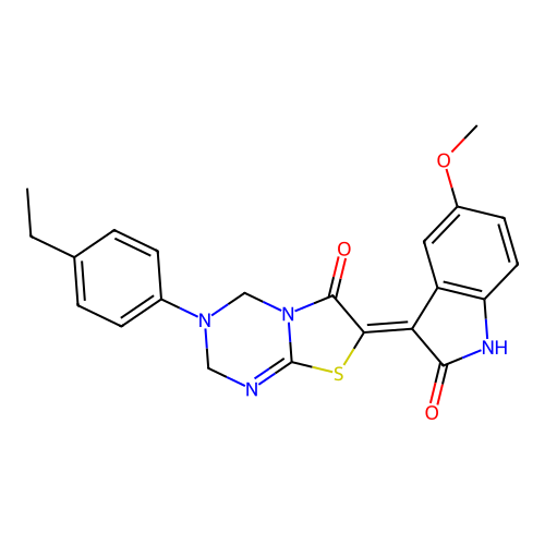 (7Z)-3-(4-ethylphenyl)-7-(5-methoxy-2-oxo-1,2-dihydro-3H-indol-3-ylidene)-3,4-dihydro-2H-[1,3]thiazolo[3,2-a][1,3,5]triazin-6(7H)-one structure