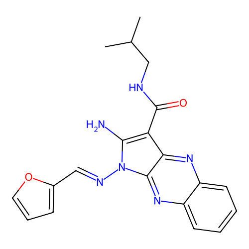 (E)-2-amino-1-((furan-2-ylmethylene)amino)-N-isobutyl-1H-pyrrolo[2,3-b]quinoxaline-3-carboxamide structure
