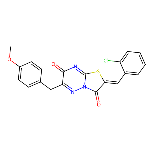 2-[(Z)-1-(2-chlorophenyl)methylidene]-6-(4-methoxybenzyl)-7H-[1,3]thiazolo[3,2-b][1,2,4]triazine-3,7-dione structure
