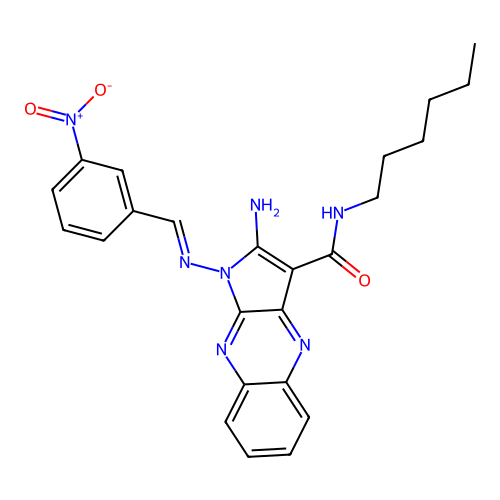 (E)-2-amino-N-hexyl-1-((3-nitrobenzylidene)amino)-1H-pyrrolo[2,3-b]quinoxaline-3-carboxamide structure