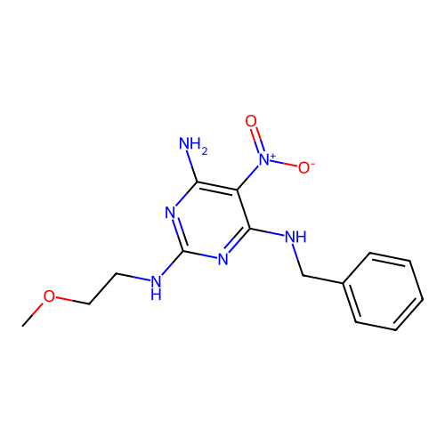 4-N-benzyl-2-N-(2-methoxyethyl)-5-nitropyrimidine-2,4,6-triamine structure