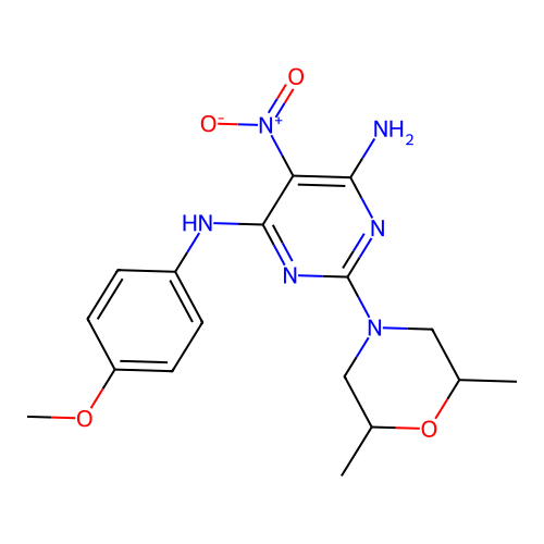 2-(2,6-dimethylmorpholino)-N4-(4-methoxyphenyl)-5-nitropyrimidine-4,6-diamine structure