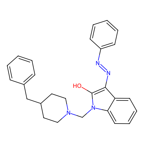 (Z)-1-((4-benzylpiperidin-1-yl)methyl)-3-(2-phenylhydrazono)indolin-2-one structure