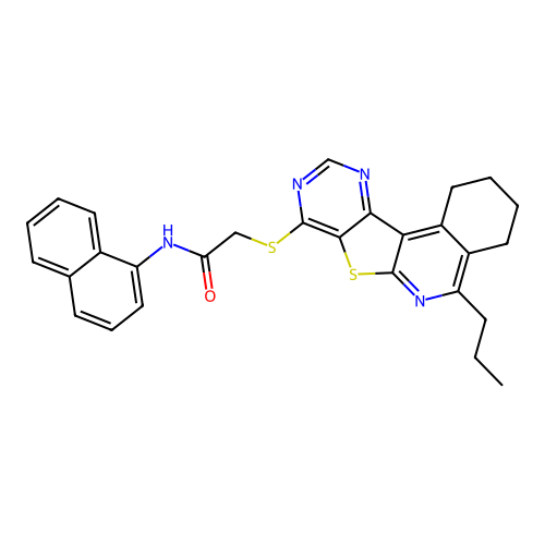 N-(naphthalen-1-yl)-2-((5-propyl-1,2,3,4-tetrahydropyrimido[4',5':4,5]thieno[2,3-c]isoquinolin-8-yl)thio)acetamide structure