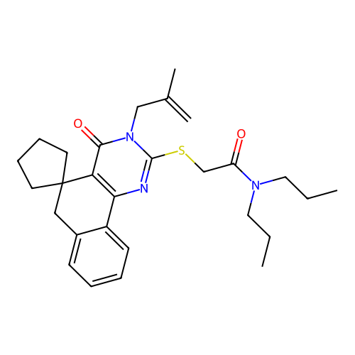 2-((3-(2-methylallyl)-4-oxo-4,6-dihydro-3H-spiro[benzo[h]quinazoline-5,1'-cyclopentan]-2-yl)thio)-N,N-dipropylacetamide structure
