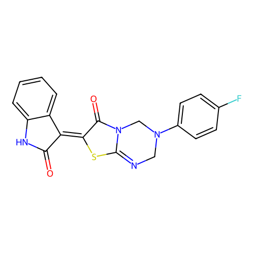 (Z)-3-(4-fluorophenyl)-7-(2-oxoindolin-3-ylidene)-3,4-dihydro-2H-thiazolo[3,2-a][1,3,5]triazin-6(7H)-one structure