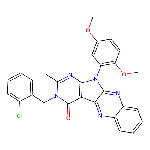 3-(2-chlorobenzyl)-11-(2,5-dimethoxyphenyl)-2-methyl-3H-pyrimido[5',4':4,5]pyrrolo[2,3-b]quinoxalin-4(11H)-one structure