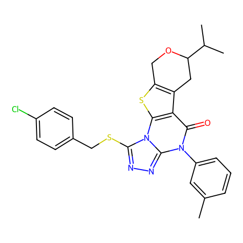 1-((4-chlorobenzyl)thio)-7-isopropyl-4-(m-tolyl)-6,7-dihydro-4H-pyrano[4',3':4,5]thieno[3,2-e][1,2,4]triazolo[4,3-a]pyrimidin-5(9H)-one structure