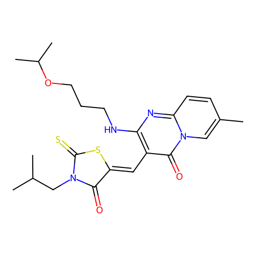(Z)-3-isobutyl-5-((2-((3-isopropoxypropyl)amino)-7-methyl-4-oxo-4H-pyrido[1,2-a]pyrimidin-3-yl)methylene)-2-thioxothiazolidin-4-one structure