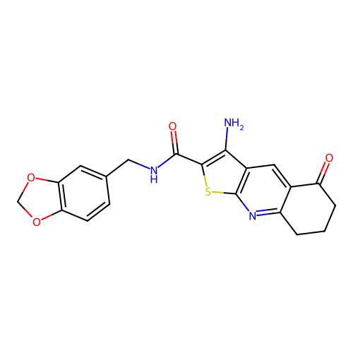 3-amino-N-(1,3-benzodioxol-5-ylmethyl)-5-oxo-5,6,7,8-tetrahydrothieno[2,3-b]quinoline-2-carboxamide structure