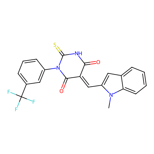 (5E)-5-[(1-methyl-1H-indol-2-yl)methylidene]-2-thioxo-1-[3-(trifluoromethyl)phenyl]dihydropyrimidine-4,6(1H,5H)-dione structure