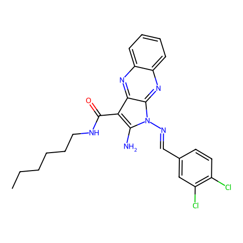 (E)-2-amino-1-((3,4-dichlorobenzylidene)amino)-N-hexyl-1H-pyrrolo[2,3-b]quinoxaline-3-carboxamide structure