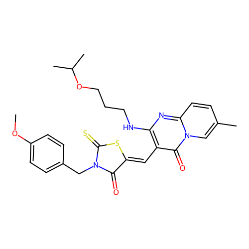 3-{(Z)-[3-(4-methoxybenzyl)-4-oxo-2-thioxo-1,3-thiazolidin-5-ylidene]methyl}-7-methyl-2-{[3-(propan-2-yloxy)propyl]amino}-4H-pyrido[1,2-a]pyrimidin-4-one structure