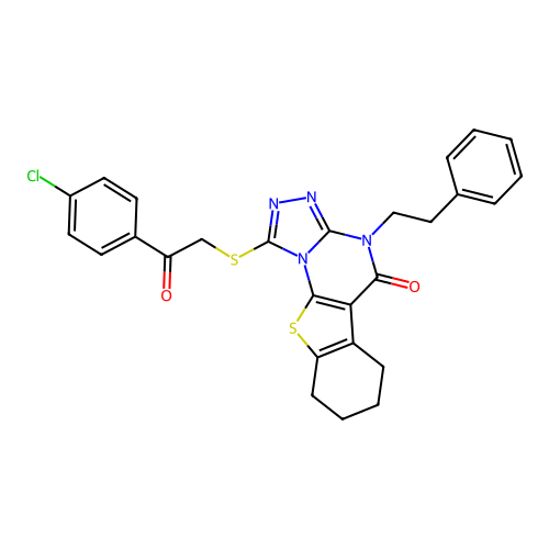 1-((2-(4-chlorophenyl)-2-oxoethyl)thio)-4-phenethyl-6,7,8,9-tetrahydrobenzo[4,5]thieno[3,2-e][1,2,4]triazolo[4,3-a]pyrimidin-5(4H)-one structure