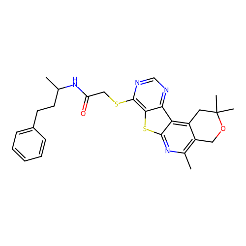N-(4-phenylbutan-2-yl)-2-((2,2,5-trimethyl-2,4-dihydro-1H-pyrano[4'',3'':4',5']pyrido[3',2':4,5]thieno[3,2-d]pyrimidin-8-yl)thio)acetamide structure