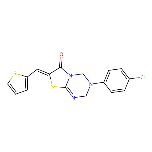 (7Z)-3-(4-chlorophenyl)-7-(thiophen-2-ylmethylidene)-2,4-dihydro-[1,3]thiazolo[3,2-a][1,3,5]triazin-6-one structure