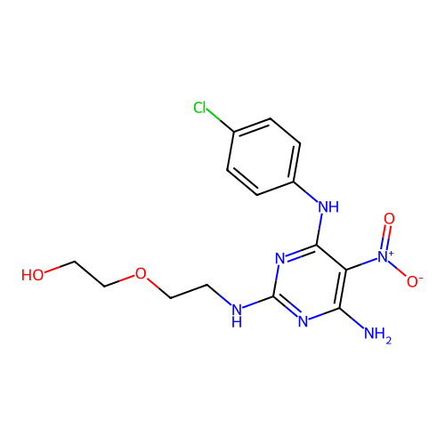 2-(2-((4-amino-6-((4-chlorophenyl)amino)-5-nitropyrimidin-2-yl)amino)ethoxy)ethanol structure