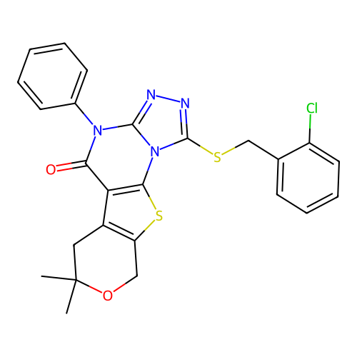 1-((2-chlorobenzyl)thio)-7,7-dimethyl-4-phenyl-6,7-dihydro-4H-pyrano[4',3':4,5]thieno[3,2-e][1,2,4]triazolo[4,3-a]pyrimidin-5(9H)-one structure