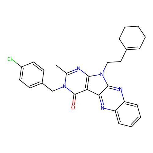 3-(4-chlorobenzyl)-11-(2-(cyclohex-1-en-1-yl)ethyl)-2-methyl-3H-pyrimido[5',4':4,5]pyrrolo[2,3-b]quinoxalin-4(11H)-one structure