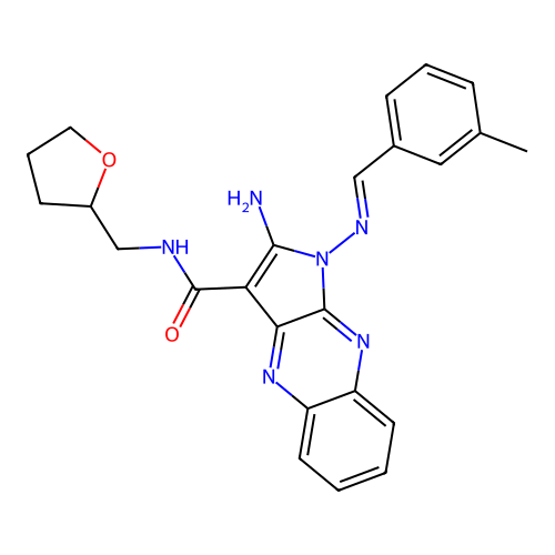(E)-2-amino-1-((3-methylbenzylidene)amino)-N-((tetrahydrofuran-2-yl)methyl)-1H-pyrrolo[2,3-b]quinoxaline-3-carboxamide structure