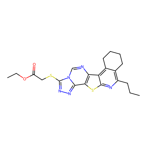 ethyl [(11-propyl-7,8,9,10-tetrahydro[1,2,4]triazolo[4'',3'':1',6']pyrimido[4',5':4,5]thieno[2,3-c]isoquinolin-3-yl)sulfanyl]acetate structure