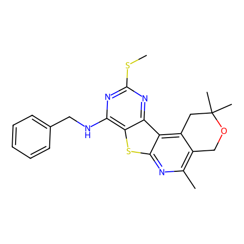 N-benzyl-2,2,5-trimethyl-10-(methylsulfanyl)-1,4-dihydro-2H-pyrano[4'',3'':4',5']pyrido[3',2':4,5]thieno[3,2-d]pyrimidin-8-amine structure