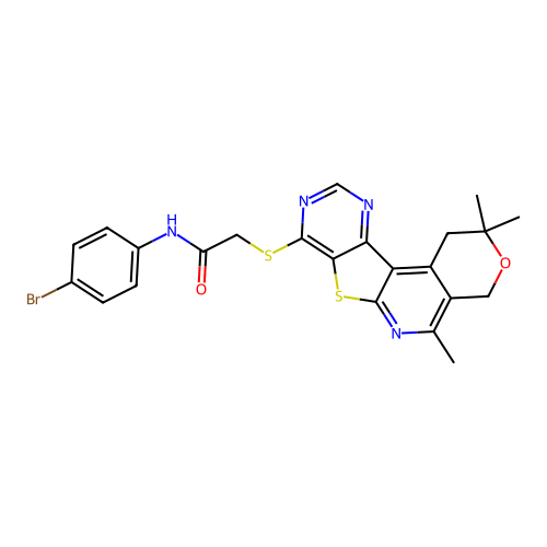 N-(4-bromophenyl)-2-((2,2,5-trimethyl-2,4-dihydro-1H-pyrano[4'',3'':4',5']pyrido[3',2':4,5]thieno[3,2-d]pyrimidin-8-yl)thio)acetamide structure