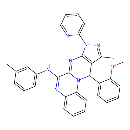 11-(2-methoxyphenyl)-10-methyl-8-(pyridin-2-yl)-N-(m-tolyl)-8,11-dihydropyrazolo[3',4':4,5]pyrimido[1,2-a]quinoxalin-6-amine structure