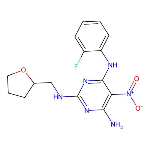 4-N-(2-fluorophenyl)-5-nitro-2-N-(oxolan-2-ylmethyl)pyrimidine-2,4,6-triamine structure